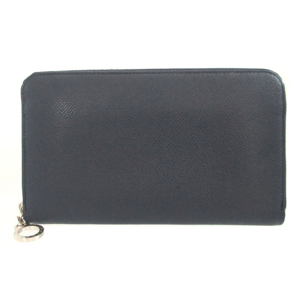 BVLGARI Leather Navy Round Zip Long Wallet 0295